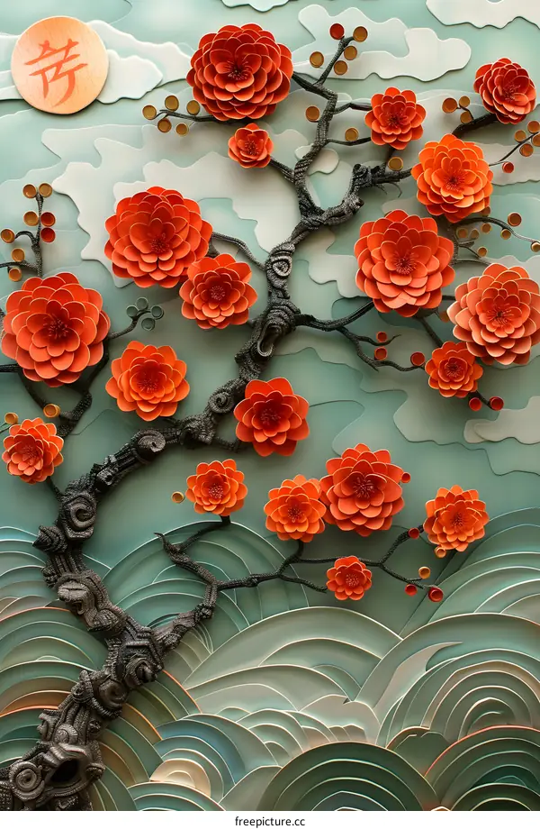 red flower and green leaves on a blue background