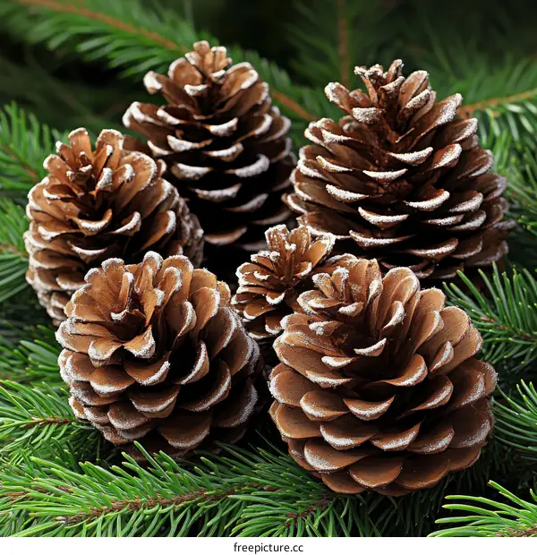 Frosted Pine Cones with Evergreen Branches