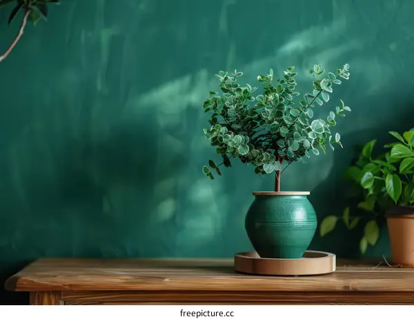 Green Plant in Pot on Table Against Green Background