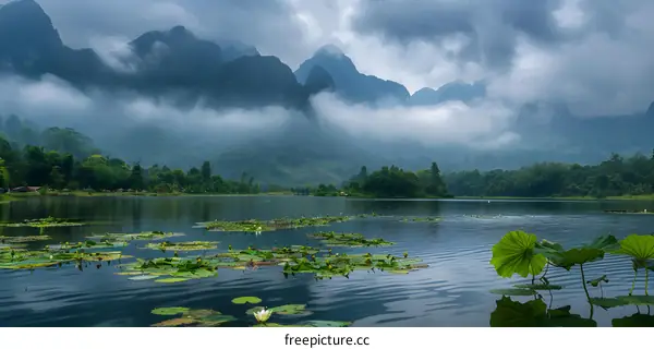 Misty Mountain Lake Landscape