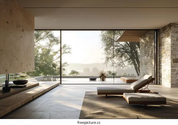 Modern Living Room with Large Windows and Nature Views
