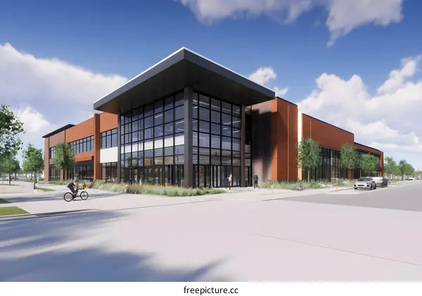 Modern Office Building with Glass Facade and Brick Exterior