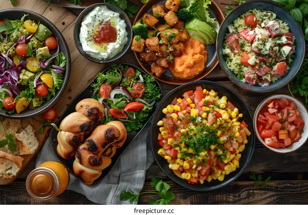 Variety of healthy salads and snacks served on a wooden table
