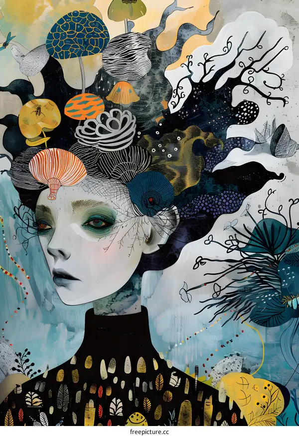 Abstract Surreal Portrait of a Woman with Flowers in Her Hair