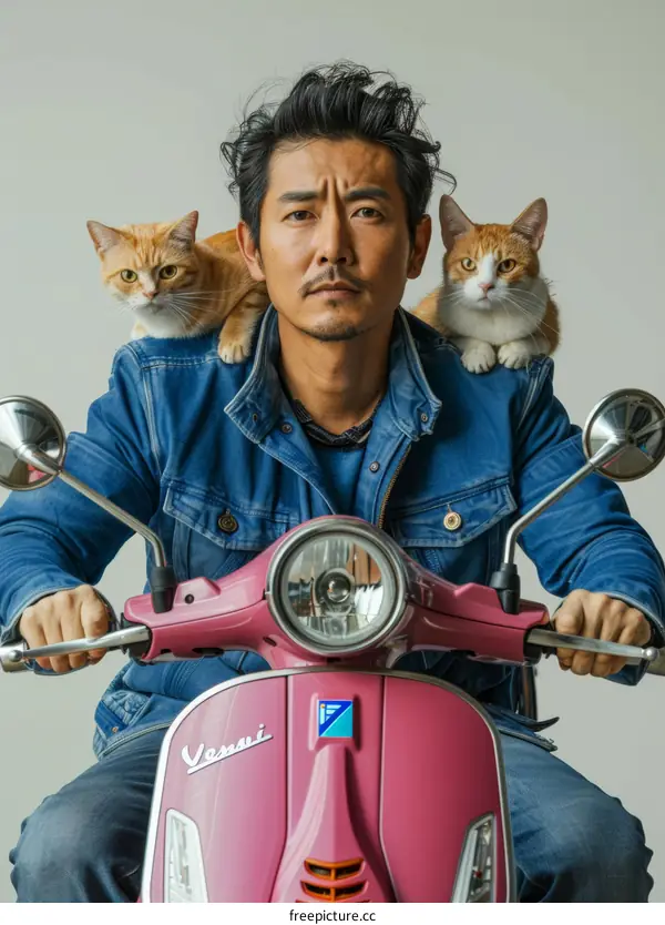 Asian man with cats on his shoulders sitting on a pink scooter