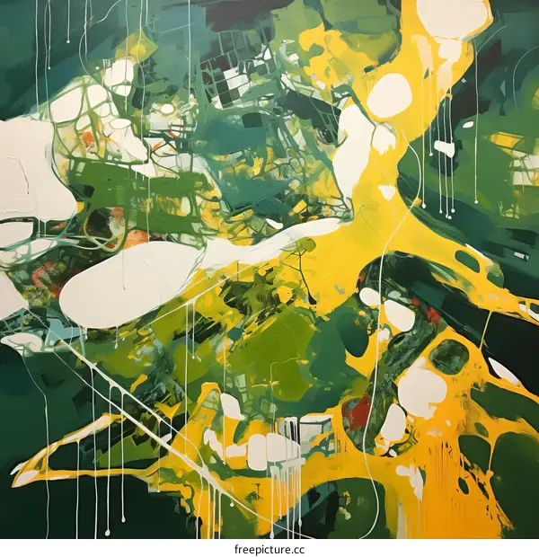 Abstract Expressionist Painting with Green and Yellow Drips