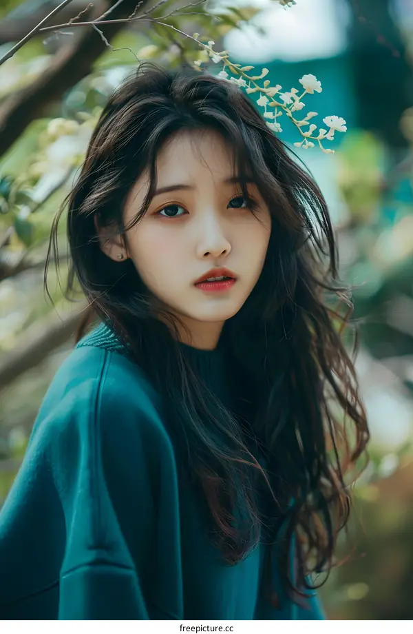 Young Asian Woman with Long Black Hair Looking at the Camera