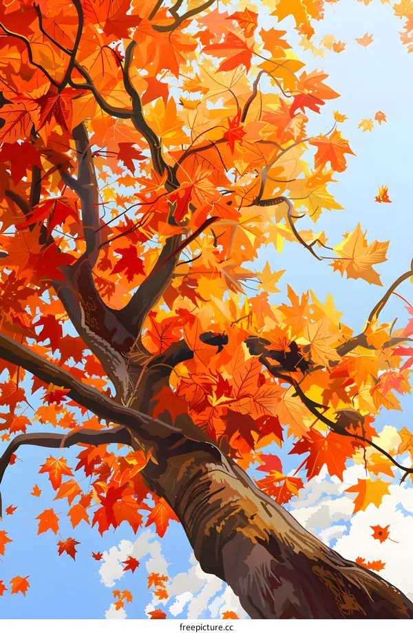 Autumn Maple Tree with Falling Leaves Illustration