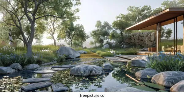 Peaceful Modern Japanese Garden Landscape Illustration