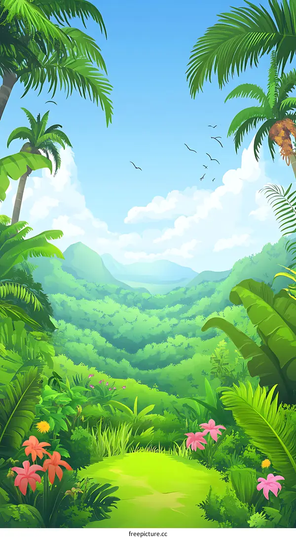 Tropical Rainforest Landscape with Lush Greenery and Palm Trees