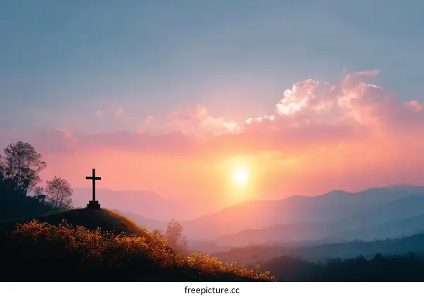 Majestic Sunset with a Cross on a Hilltop