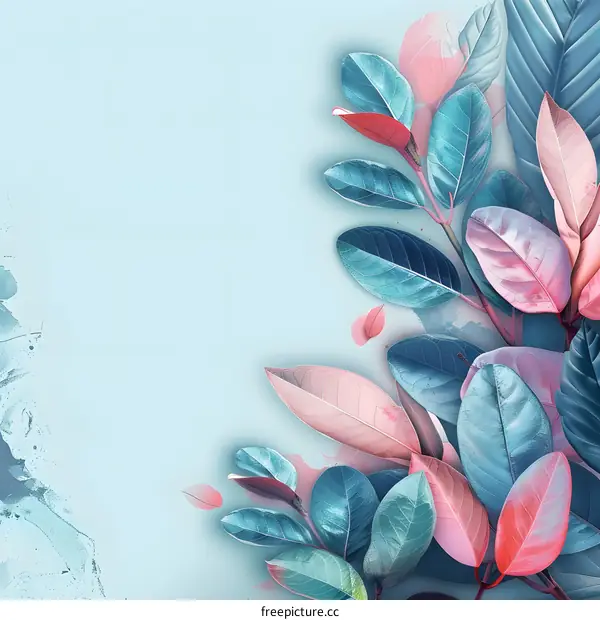 Blue and Pink Tropical Leaves Watercolor Background