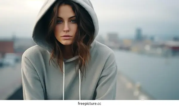 Portrait of a young woman in a gray hoodie looking at the camera with a serious expression