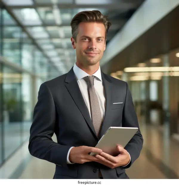 Confident businessman in suit holding tablet
