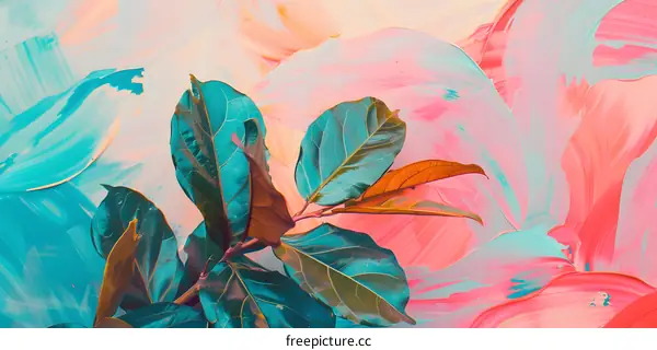 Abstract Painting of Green Leaves on Pink and Blue Background