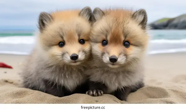 Two Playful Arctic Fox Cubs on the Beach