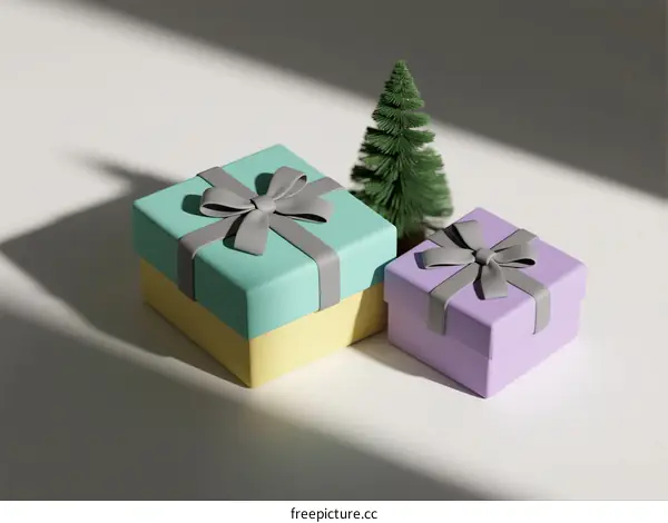 Colorful Gift Boxes with Silver Ribbons and Small Tree
