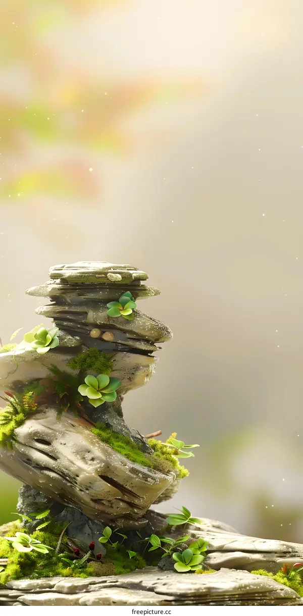 Stack of Rocks with Green Plants and Moss