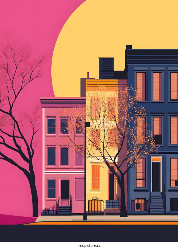 Colorful Illustration of Row Houses with Tree and Sunset