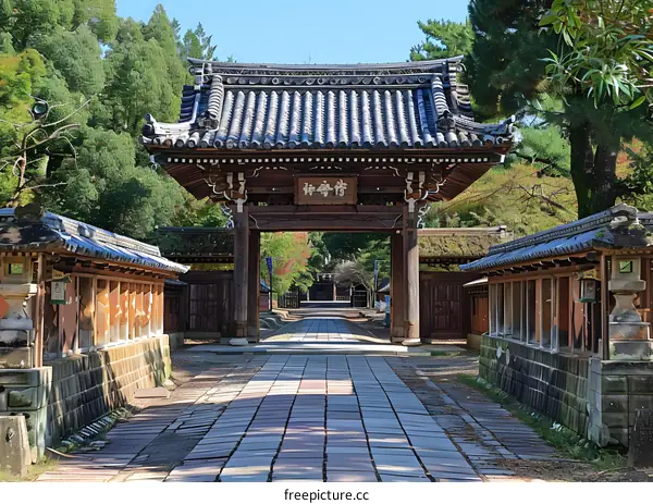 Traditional Japanese Temple Gate with Stone Path and Green Trees