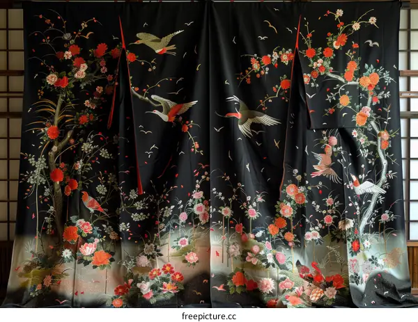 A beautiful black kimono with red and orange floral embroidery