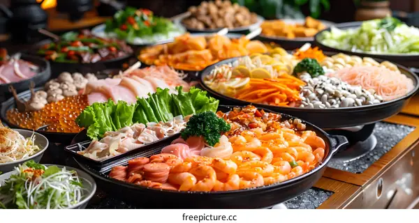 Fresh Seafood And Vegetables Buffet Display On Black Plates