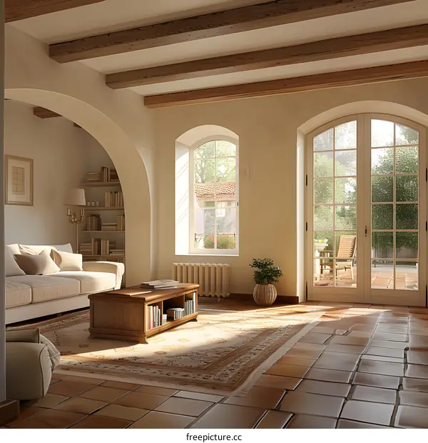 Bright living room with bookshelves and arched windows