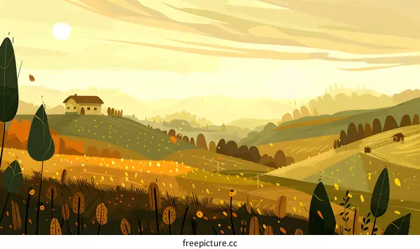 Autumn Landscape Illustration with a House on a Hill