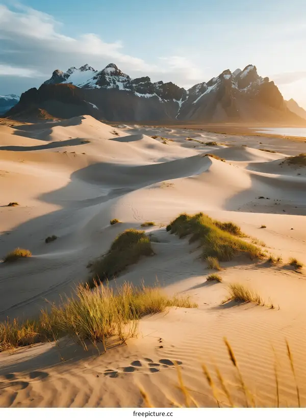 Golden sand dunes stretching under snow-capped mountain peaks at sunset