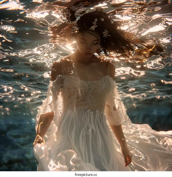 Woman in White Dress Posing Underwater