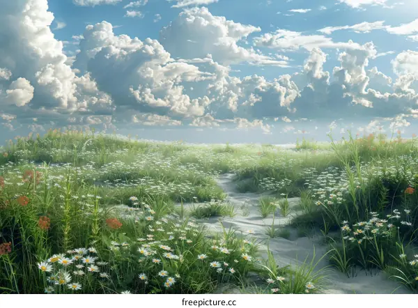 Beautiful Summer Meadow Landscape with Cloudy Sky