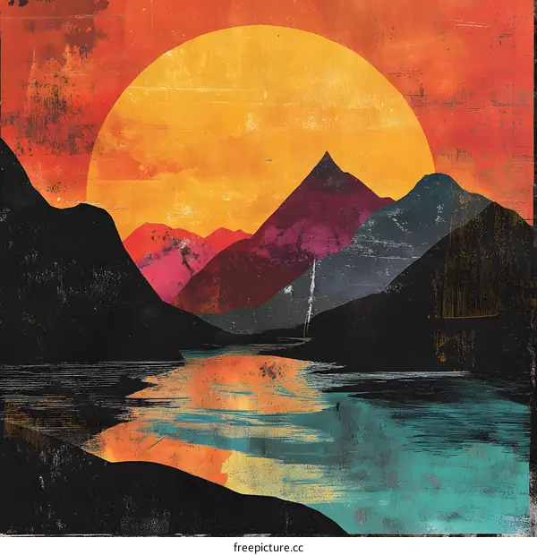 Sunset Mountain Landscape Painting with a Lake