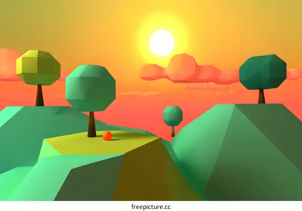 Low Poly Sunset Landscape With Trees and Hills