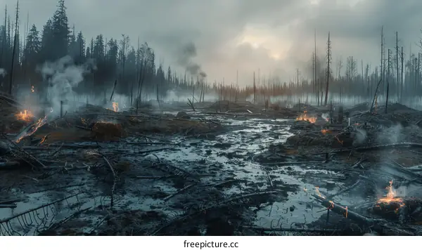 Apocalyptic landscape with swamp in the middle