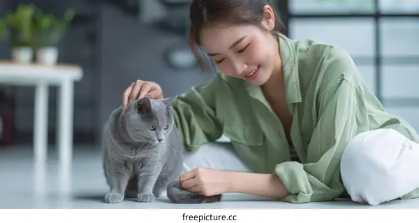 A young woman is petting a gray cat on the floor in the living room.