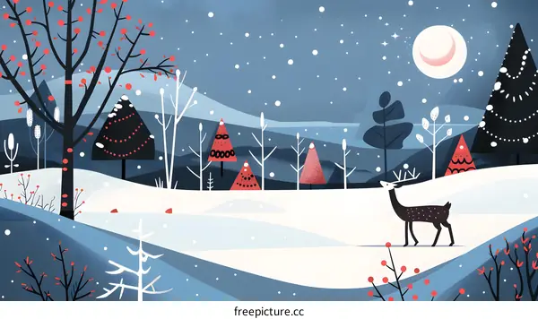 Winter Landscape with a Deer and Snowy Trees