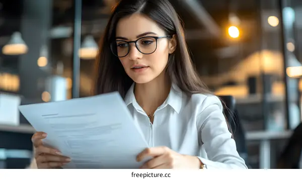 Businesswoman Reading Documents in Office