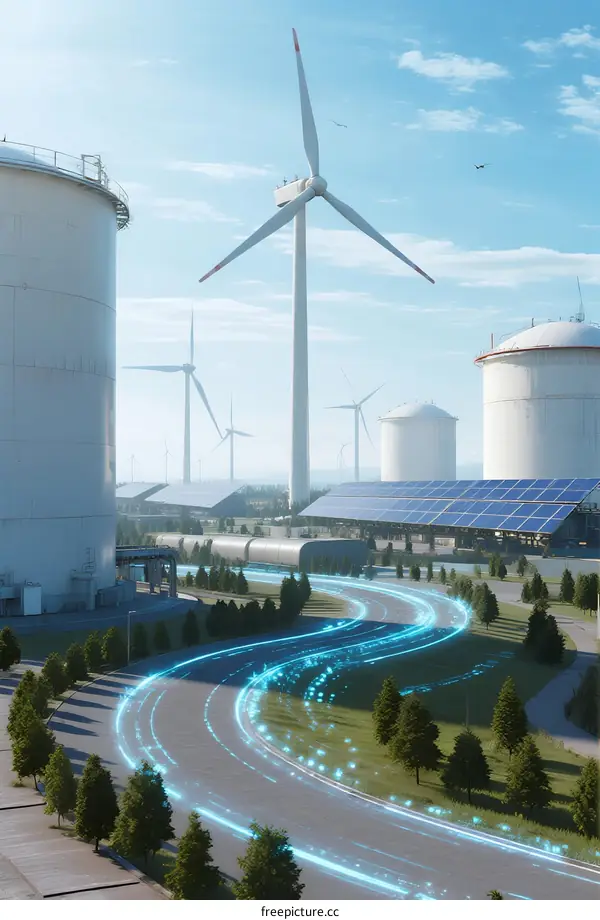 Wind Turbines Solar Panels Industrial Park with Digital Path