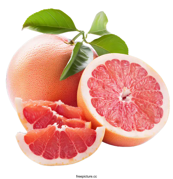 [Transparent Background PNG]Fresh Ripe Grapefruit With Green Leaves