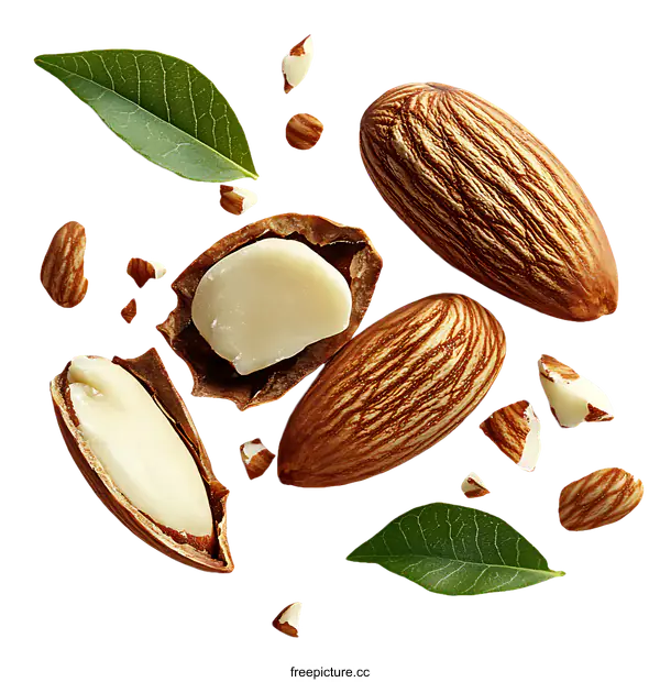 [Transparent Background PNG]Closeup of Almonds with Leaves on White Background