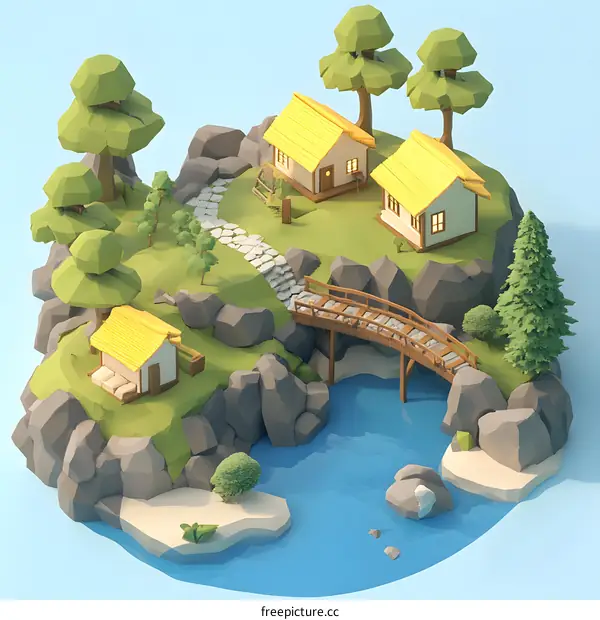 Low Poly 3D Illustration of a Village on an Island with a Bridge