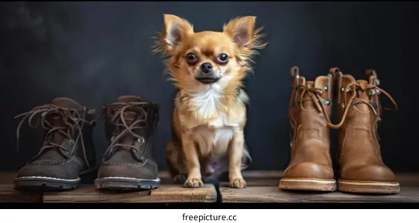 A Chihuahua Sits between Two Brown Cowboy Boots