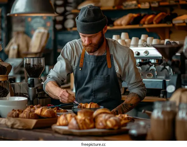 Bearded man in apron preparing pastries in bakery