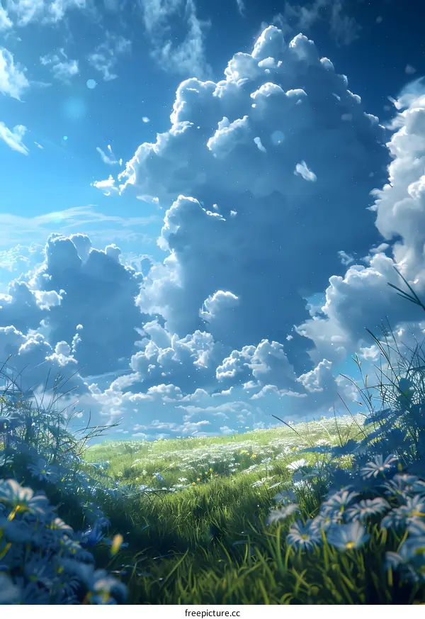 The sky is full of white clouds and the grass is full of flowers