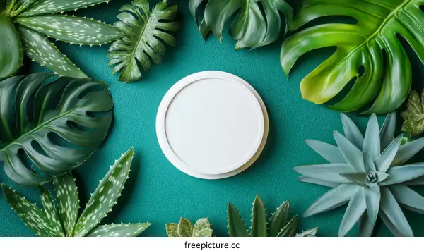 Blank Round Plate Surrounded by Tropical Leaves