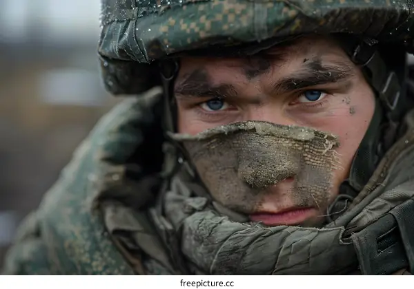 Portrait of a soldier with blue eyes and a camouflage mask on his face