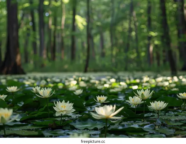 White Water Lilies in a Pond Surrounded by a Forest