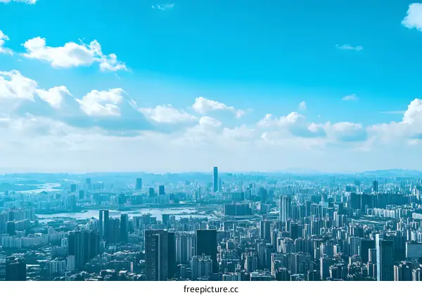 Aerial View of a City Skyline with Blue Sky and White Clouds