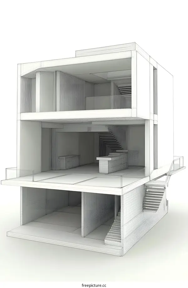 Modern House Interior Design Wireframe 3D Model