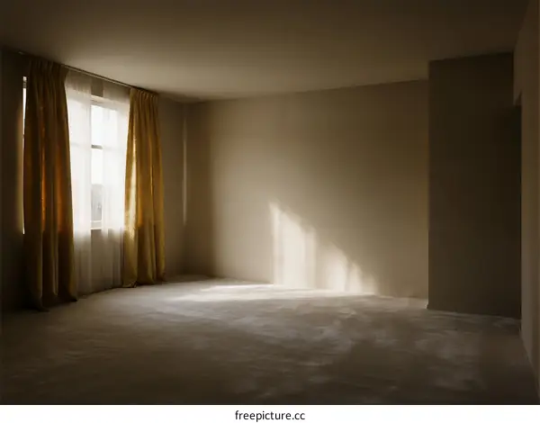 An empty room with sunlight coming through the window and yellow curtains